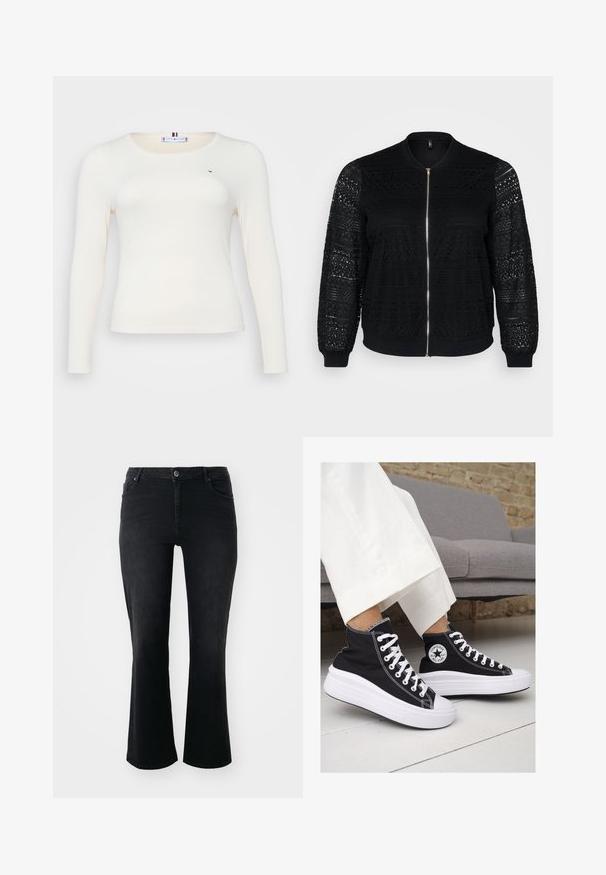 Sort bomberjakke med blonderdetaljer, lynlås, ribbet manchetter og kant, der har indviklede mønstre på ærmerne og frontpanelet.; Langærmet, ribbet top i off-white med rund halsudskæring. Har et lille logo og en tætsiddende facon for et elegant udseende.; Sorte denim jeans med mid-rise talje, frontknap, to frontlommer, to baglommer og flared ben.; Sorte høj-top sneakers i lærred med hvide gummisåler og snørebånd. Har et rundt logo på siden og kontrasterende hvide syninger.