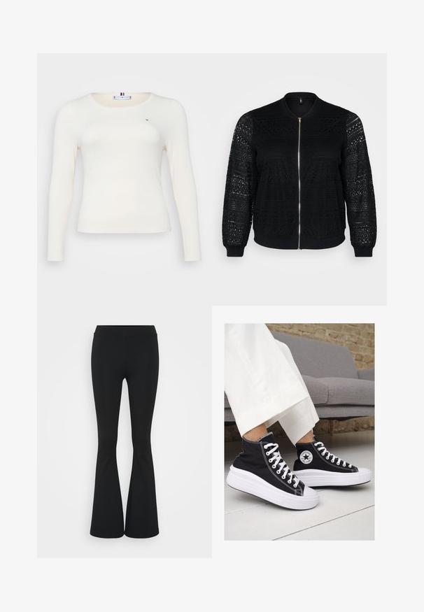 Chaqueta bomber negra con detalles de encaje, cierre de cremallera, puños y dobladillo acanalados, que presenta patrones intrincados en las mangas y el panel frontal.; Top de manga larga, acanalado en color blanco roto con un escote redondo. Presenta un pequeño detalle de logo y una forma ajustada para un look elegante.; Pantalones negros de campana hechos de una tela elástica, con una cintura alta y una textura suave. Los pantalones se ensanchan desde la rodilla.; Zapatillas altas de lona negra con suelas y cordones de goma blanca. Presentan un logo circular en el lateral y costuras blancas en contraste.