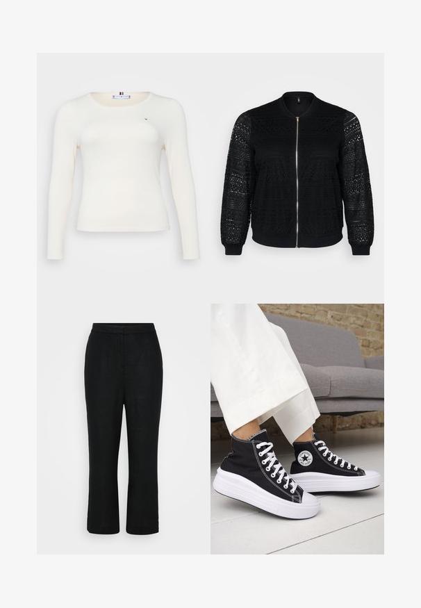 Black bomber jacket with lace detailing, zip closure, ribbed cuffs and hem, featuring intricate patterns on the sleeves and front panel.; Long-sleeve, ribbed top in off-white with a round neckline. Features a small logo detail and a fitted shape for a sleek look.; Black linen trousers with a straight cut, mid-rise waistband, and cropped length, featuring a smooth texture and no visible fastenings.; Black high-top sneakers with white rubber soles and laces. Features a round logo patch and contrasting white stitching. Canvas material.