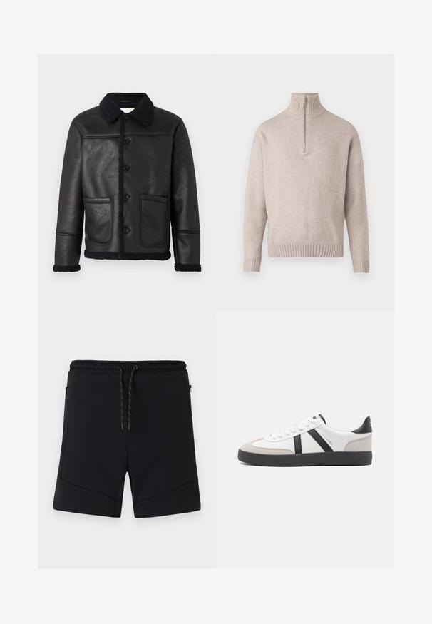 Must must nahkajope, millel on krae, neli esist nuppu, kaks taskut ja tekstureeritud siidise ääre viimistlus mansettide ja äärise ümber.; Beige neljandiku-kraega kapuutsiga sviiter pehmest kudumiskangast. Omab soonikkoes krae ja varrukaääri, lõdva istuvuse ja sujuva disainiga.; Mustad mustad lühikesed püksid, mis on valmistatud pehmest kangast, millel on elastne vöökoht, nöör ja külgmised lukuga taskud tugevdusõmblustega.; Valged tossud mustade ja hallide aktsentidega, tekstureeritud halli varbakattega, musta kummitald ja lamedad valged paelad. Puhtad jooned, minimalistlik stiil.