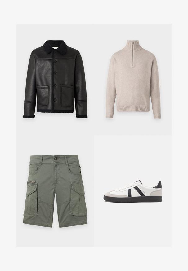 Schwarze Lederjacke mit Kragen, vier vorderen Knöpfen, zwei Taschen und einem strukturierten Lammfellbesatz an den Ärmelbündchen und dem Saum.; Beiger Pullover mit Viertelreißverschluss aus weichem Strickstoff. Mit geripptem Kragen und Bündchen, einem lockeren Schnitt und nahtlosem Design.; Olivgrüne Cargo-Shorts aus einem Baumwollmischgewebe. Verfügt über mehrere Taschen, darunter eine Reißverschlusstasche, sowie strapazierfähige Nähte.; Weiße Sneaker mit schwarz- und grau-aczenten, ausgestattet mit einer strukturierten grauen Zehenkappe, schwarzer Gummi-Sohle und flachen weißen Schnürsenkeln. Sauberes Design, minimalistische Stil.