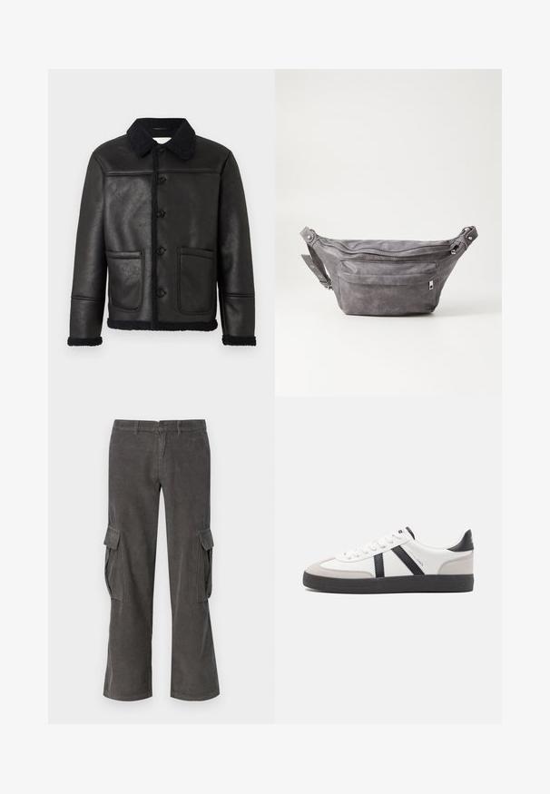 Schwarze Lederjacke mit Kragen, vier vorderen Knöpfen, zwei Taschen und einem strukturierten Lammfellbesatz an den Ärmelbündchen und dem Saum.; Beiger Pullover mit Viertelreißverschluss aus weichem Strickstoff. Mit geripptem Kragen und Bündchen, einem lockeren Schnitt und nahtlosem Design.; Graue Cord Cargo-Pants mit geradem Bein, Seitentaschen und subtiler welliger Textur. Knopf- und Reißverschluss am Bund.; Weiße Sneaker mit schwarz- und grau-aczenten, ausgestattet mit einer strukturierten grauen Zehenkappe, schwarzer Gummi-Sohle und flachen weißen Schnürsenkeln. Sauberes Design, minimalistische Stil.; Graue Wildleder-Gürteltasche mit runder Form, zwei mit Reißverschluss verschlossenen Fächern und verstellbarem Trageriemen. Mit metallischen Hardware-Akzenten.