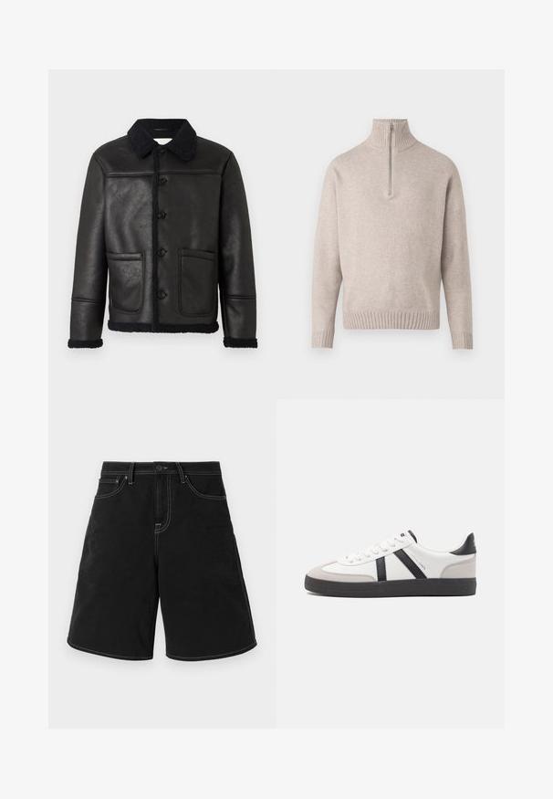 Črna usnjena jakna s ovratnikom, štirimi sprednjimi gumbi, dvema žepoma in teksturiranim ovitem ovčjim krznom ob manšetah in robu.; Bež pulover s četrtno zadrgo iz mehkega pletenega materiala. Z ribastim ovratnikom in manšetami, sproščenega kroja in brezšivnim dizajnom.; Črne denim kratke hlače s ravnim krojem, z kontrastnim belim šivanjem, sprednjimi žepi in pasom na gumb. Gladka tekstura.; Bela športna obutev z črnimi in sivo akcenti, z teksturirano sivo kapico za prste, črnim gumijastim podplatom in ravnimi belimi vezalkami. Čista zasnova, minimalistični slog.