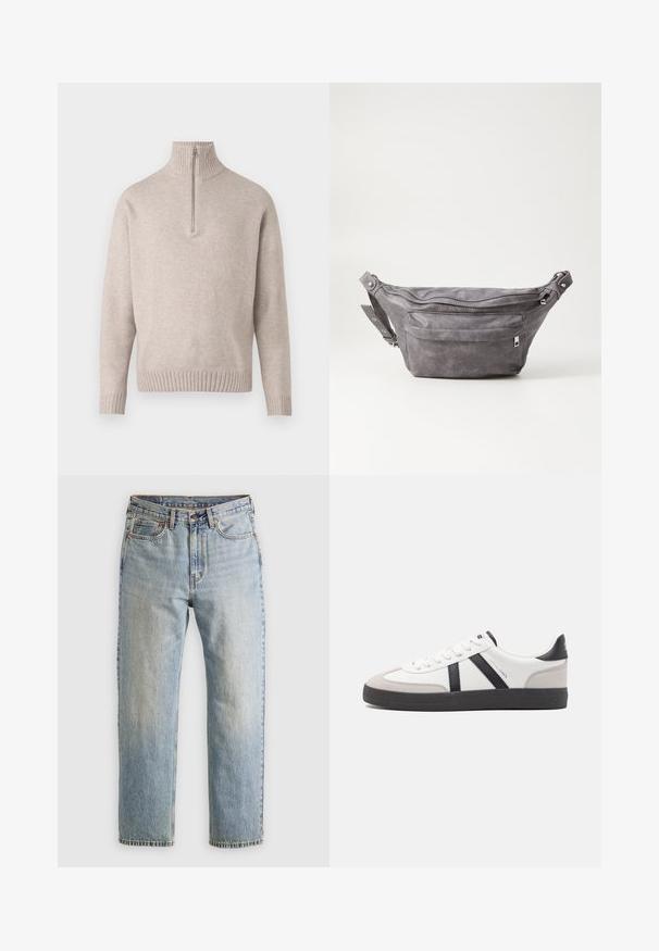 Zwarte leren jas met een kraag, vier knopen aan de voorkant, twee zakken en een gestructureerde schapenvachtafwerking langs de manchetten en de zoom.; Beige kwart-rits trui in zachte gebreide stof. Voorzien van een ribbelkraag en -manchetten, met een ontspannen pasvorm en naadloos ontwerp.; Lichtblauwe denim jeans met hoge taille, frontknop, rits en vijfzakkenontwerp, plat gelegd op een neutrale achtergrond.; Witte sneaker met zwarte en grijze accenten, voorzien van een grijze neus met textuur, zwarte rubberen zool en platte witte veters. Schoon ontwerp, minimalistische stijl.; Grijze suède heuptas met een ronde vorm, twee met rits afgesloten compartimenten en een verstelbare band. Voorzien van metalen accenten.