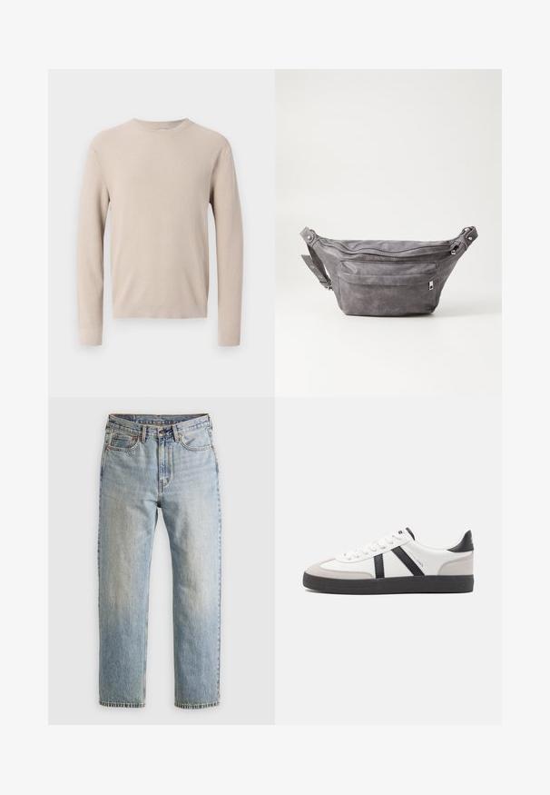 Black leather jacket with a collared neck, four front buttons, two pockets, and a textured shearling trim along the cuffs and hem.; Beige knitted sweater with long sleeves, round neckline, and textured ribbed pattern. Material appears soft and lightweight.; Light blue denim jeans with high waist, front button, zipper, and five-pocket design, laid flat on a neutral background.; White sneaker with black and gray accents, featuring a textured gray toe cap, black rubber sole, and flat white laces. Clean design, minimalist style.; Gray suede fanny pack with a rounded shape, two zippered compartments, and adjustable strap. Features metal hardware accents.