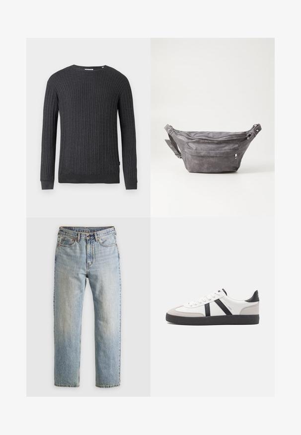 Chaqueta de cuero negro con cuello tipo solapa, cuatro botones frontales, dos bolsillos y un acabado de borreguito texturizado en los puños y el dobladillo.; Suéter de punto gris oscuro con textura de canalé, escote redondo, mangas largas y dobladillo ajustado. Presenta una marca mínima en el lado inferior.; Jeans de mezclilla azul claro de cintura alta, con botón frontal, cremallera y diseño de cinco bolsillos, dispuestos sobre un fondo neutro.; Zapatilla blanca con acentos en negro y gris, que presenta una puntera texturizada en gris, suela de goma negra y cordones planos blancos. Diseño limpio, estilo minimalista.; Riñonera de ante gris con forma redondeada, dos compartimentos con cremallera y correa ajustable. Presenta acentos de metal.