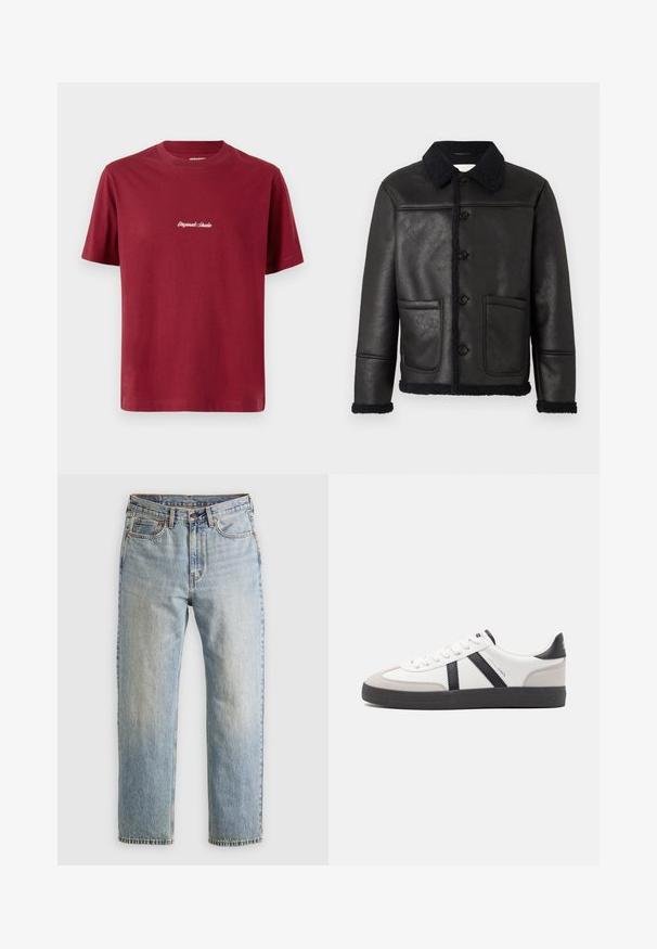 Černá kožená bunda s límcem, čtyřmi předními knoflíky, dvěma kapsami a texturovaným beránkovým lemem podél manžet a spodního okraje.; Burgundská bavlněná tričko s krátkým rukávem a kulatým výstřihem. Na přední straně je bílé vyšívané text "Originals Studio".; Svetle modré džíny z denimu s vysokým pasem, předním knoflíkem, zipem a designem s pěti kapsami, ležící rovně na neutrálním pozadí.; Bílé tenisky s černými a šedými akcenty, opatřené texturovaným šedým prstovým krytem, černou gumovou podrážkou a plochými bílými tkaničkami. Čistý design, minimalistický styl.