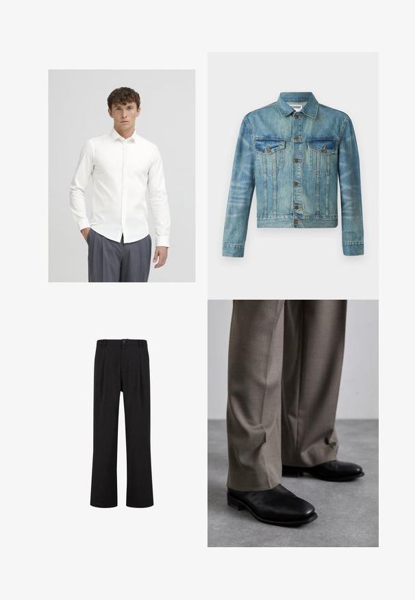 Jachetă din denim, albastră deschisă, cu închidere cu butoane, două buzunare pe piept, guler clasic, mâneci lungi și un design ușor scurtat.; Cămașă albă cu nasturi, cu mâneci lungi, confecționată dintr-un material neted. Are un guler clasic și o croială slim, asortată cu pantaloni gri cu dungi fine.; Pantaloni negri cu croială dreaptă, talie plată și pliseuri. Confecționați dintr-un material neted, cu închidere cu buton și curea.; Pantofi din piele neagră cu un design a vârfului ascuțit, asortați cu pantaloni gri, croiți. Pantofii au un toc mic și o textură netedă.