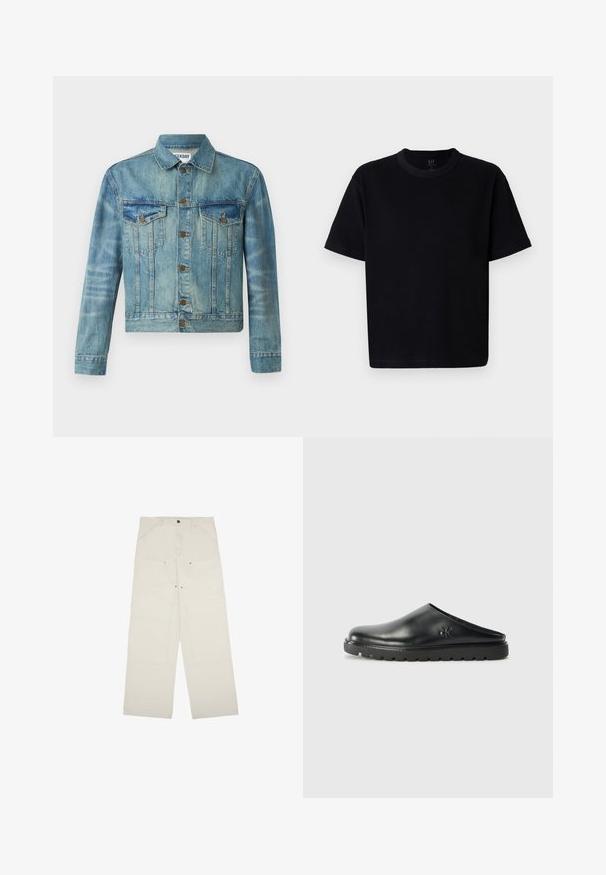 Denimová bunda, svetlomodrá, s predným zapínaním na gombíky, dvoma náprsními vreckami, klasickým golierom, dlhými rukávmi a mierne skráteným strihom.; Čierne bavlnené tričko s okrúhlym výstrihom, krátkymi rukávmi a rovný strih. Obsahuje minimálne švy a má mäkkú, hladkú textúru.; Svetlo béžové široké nohavice vyrobené z bavlny, s prednými vreckami, uzatvorením na jeden gombík a viditeľnými švovými detailmi.; Čierna kožená šľapka s zaoblenou špičkou, diskrétnym logom a textúrovanou gumovou podrážkou pre lepšiu priľnavosť a pohodlie.