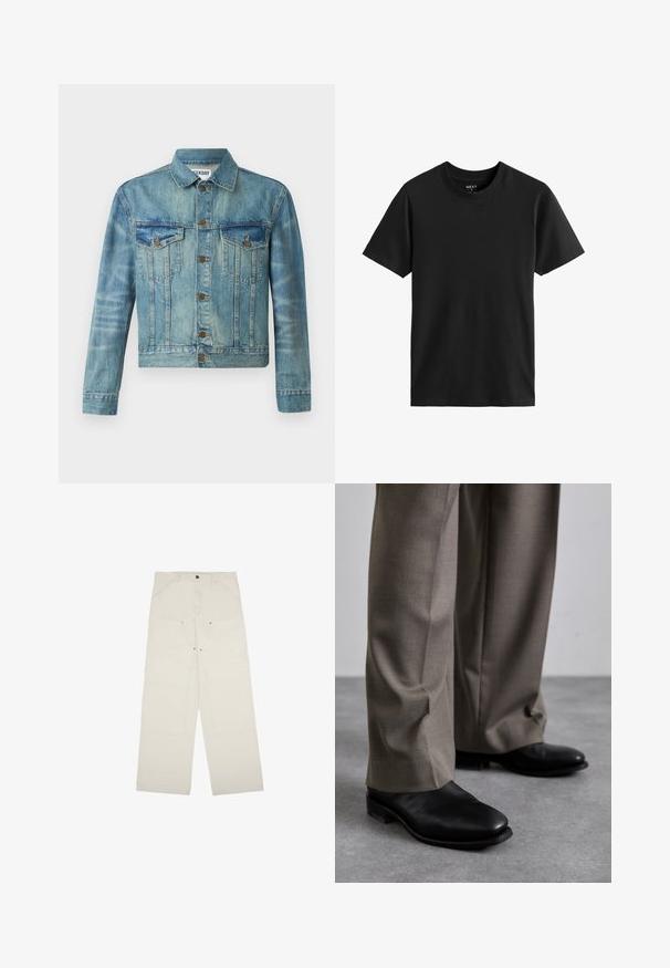 Giacca di jeans, azzurro chiaro, con chiusura a bottoni sul davanti, due tasche sul petto, colletto classico, maniche lunghe e design leggermente accorciato.; T-shirt nera a maniche corte con collo rotondo realizzata in cotone. Texture liscia con taglio dritto, presenta un design semplice senza motivi o accenti visibili.; Pantaloni larghi color beige chiaro realizzati in cotone, dotati di tasche frontali, chiusura con un solo bottone e dettagli di cucitura a vista.; Scarpe in pelle nere con design a punta abbinate a pantaloni grigi su misura. Le scarpe presentano un tacco basso e una superficie liscia.