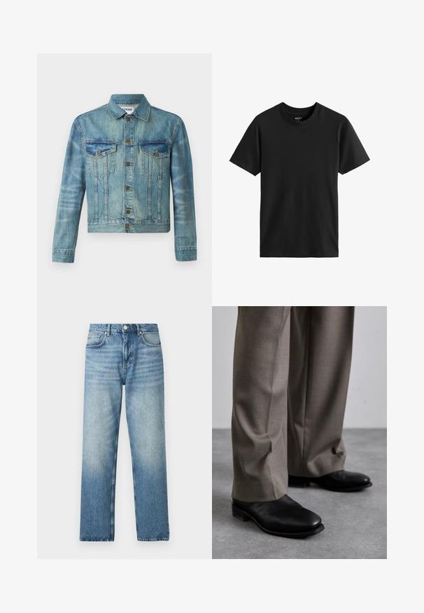 Farmertarka, világoskék, gombos elülső rész, két mellzseb, klasszikus gallér, hosszú ujjak és enyhén rövidített fazon jellemzi.; Fekete, rövid ujjú, kerek nyakú póló, pamutból készült. Simára szőtt textúrájú, egyenes szabású, egyszerű dizájnnal, látható minták vagy kiemelések nélkül.; Világoskék farmernadrág egyenes szabással, gombos záródással, öt zsebbe helyezett, és halvány elszíneződéssel a szegélynél. Simaszerkezetű.; Fekete bőrcipők hegyes orral, szürke, testre szabott nadrággal párosítva. A cipők alacsony sarkúak és sima felületűek.