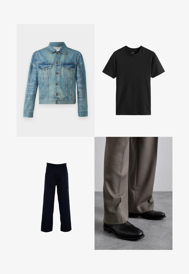 Džínová bunda, světle modrá, s knoflíkovým zapínáním vpředu, dvěma náprsními kapsami, klasickým límcem, dlouhými rukávy a mírně zkráceným designem.; Černé tričko s krátkým rukávem a kulatým výstřihem vyrobené z bavlny. Hladká textura se standardním střihem, jednoduchý design bez viditelných vzorů nebo akcentů.; Tmavě námořnické kalhoty se střihem rovné nohavice, vyrobené z hladkého materiálu, s bočními kapsami a klasickým pasem.; Černé kožené boty s designem špičaté špičky, v kombinaci se šedými, přizpůsobenými kalhotami. Boty mají nízký podpatek a hladký povrch.