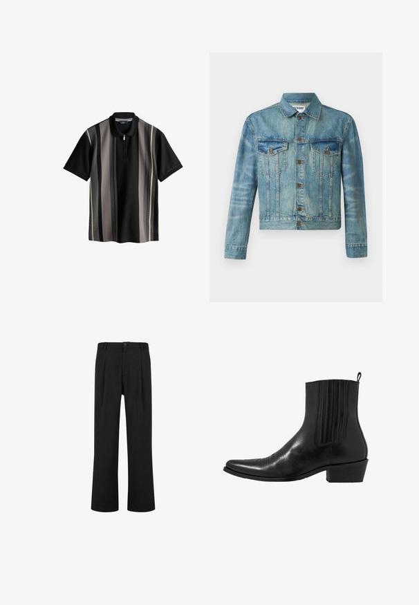Jachetă din denim, albastră deschisă, cu închidere cu butoane, două buzunare pe piept, guler clasic, mâneci lungi și un design ușor scurtat.; Tricou polo negru cu dungi verticale în gri, crem și gri închis. Prezintă o guler cu fermoar și un material texturat. Mâneci scurte.; Pantaloni negri cu croială dreaptă, talie plată și pliseuri. Confecționați dintr-un material neted, cu închidere cu buton și curea.; Cizma de gleznă din piele neagră, cu vârf ascuțit, panouri laterale elastice, accente de cusături verticale și toc bloc mic.