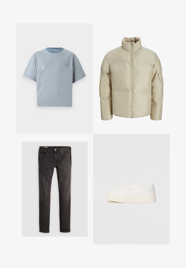 Beige péřová bunda s vysokým límcem, předním zipem a prošívaným designem, který je oversized a má hladkou texturu.; Pruhované tričko v světle modré a bílé barvě, krátké rukávy, kulatý výstřih, vyrobené z měkkého bavlněného materiálu, s volným střihem.; Černé džíny z denimu s úzkým střihem, vybavené pěti kapsami, mosazným knoflíkem a jemnou strukturou. Žádné viditelné vzory ani další ozdoby.; Bílé slip-on tenisky s texturovaným povrchem, silnou podešví a minimalistickým designem. Na boku je umístěno logo značky.