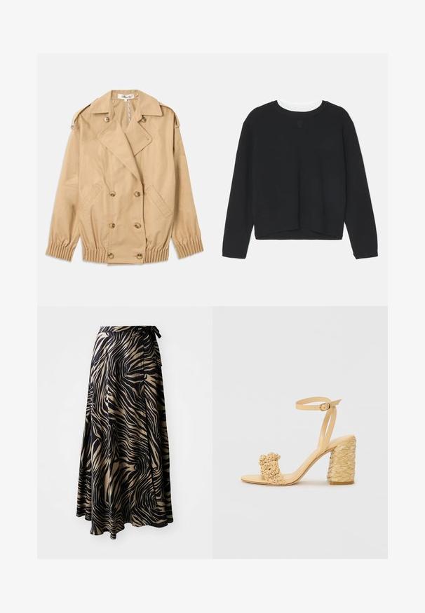Trench beige con cierre de botones de doble breasted, con hombreras y puños elásticos. Fabricado en un tejido suave y ligero.; Sudadera negra de manga larga, con cuello redondo y un dobladillo ligeramente corto. Está hecha de un tejido suave y presenta un sutil detalle de logo en la parte delantera.; Falda envolvente en un estampado de cebra negro y beige. Fabricada con una tela ligera y un diseño fluido, con una cintura atada y un dobladillo asimétrico.; Sandalia de tacón alto beige con textura trenzada, que presenta una flor decorativa y una correa en el tobillo. El tacón cuadrado añade estabilidad.
