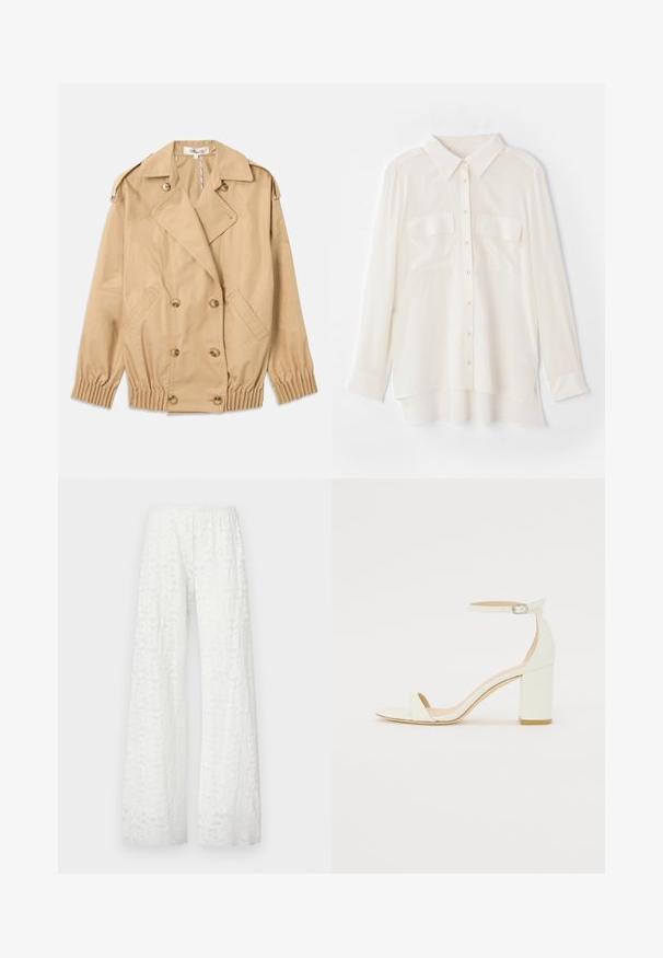 Palton bej cu închidere cu nasturi dubli, epauleți pe umeri și manșete elastice. Fabricat dintr-un material ușor și neted.; Cămașă albă cu nasturi, confecționată dintr-un material ușor. Prezintă un guler clasic, două buzunare pe piept și o margine din spate puțin mai lungă.; Pantaloni albi cu croi larg, prevăzuți cu un brâu elastic, având un model texturat din dantelă florală pe întreaga suprafață a materialului.; Sandal din piele albă cu toc bloc, având o curea la glezna cu cataramă și un design minimalist. Vârf deschis și texturi netede pe întreaga suprafață.