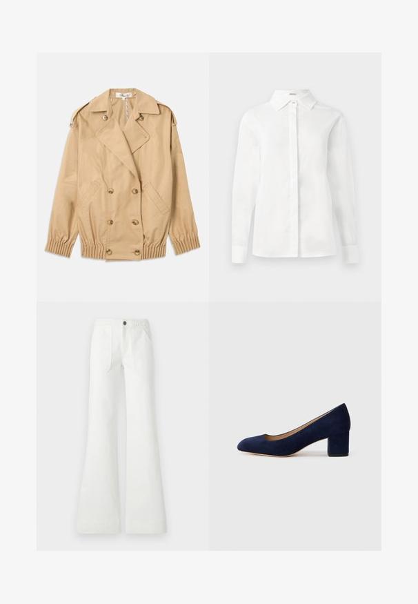 Bežs trenciņš ar divām rindām pogām, plecu epauletiem un elastīgām aprocēm. Izgatavots no gluda, viegla auduma.; Balts garos piedurkņu krekls, izgatavots no gludas kokvilnas, ar punktētu apkakli, centrālu pogu rindas slēgšanu un taisni grieztu apakšmalu ar pogām aprocēm.; Baltas platiem biksēm, izgatavotām no austas auduma, ar pītas jostas daļu, divām priekšējām kabatām un gludu tekstūru. Aizdare ar melnu pogu.; Tumši zili zamšādas kurpes ar norādītu degunu un vidēja augstuma blokveida papēdi. Gluda tekstūra ar smalku spīdumu un nelielu izgriezumu priekšā.