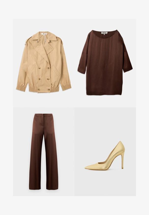 Trench coat beige con chiusura a doppio petto con bottoni, spalline e polsini elasticizzati. Realizzato in un tessuto morbido e leggero.; Blusa marrone ampia e morbida con scollo a barca largo e maniche a tre quarti, realizzata in un tessuto liscio e strutturato. La parte superiore presenta leggere pieghe.; Pantaloni larghi marroni realizzati in tessuto liscio e leggero, con frontale piatto, senza tasche e dalla silhouette dritta.; Scarpa con punta a forma di stiletto in metallo dorato, mostrata di lato su uno sfondo chiaro e semplice.
