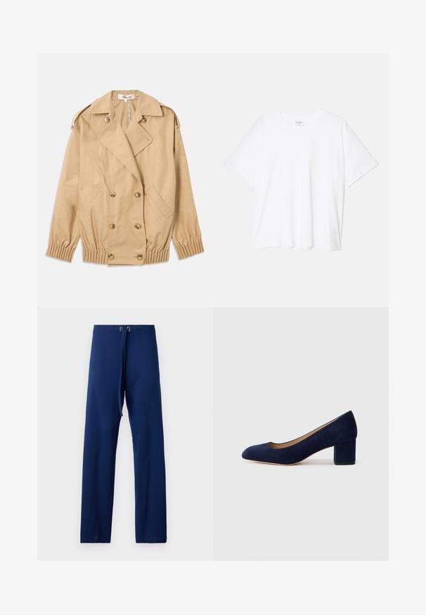 Casaco trench bege com fecho de botão duplo, epaulettes nos ombros e punhos elásticos. Feito de um tecido liso e leve.; T-shirt de algodão branco com mangas curtas, decote redondo, corte descontraído e bainha cosida. Etiqueta visível no interior do pescoço.; Calças azul-marinho com um corte amplo, feitas de um tecido suave. Possui cordão na cintura e ilhós em tom dourado para ajustes.; Salgados de camurça azul-marinho com bico fino e um salto quadrado de altura média. Textura suave com um ligeiro brilho e um pequeno corte na parte da frente.