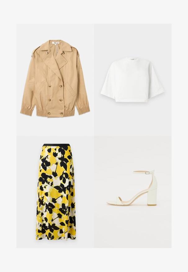 Beige trenchcoat med dobbeltlynlås, skulderepauleter og elastiske manchetter. Fremstillet af et glat, let stof.; Hvid cropped t-shirt med afslappet pasform, korte brede ærmer, rund halsudskæring og sideslidser, lavet af blødt bomuldsstof.; Gul blomsterkjole med sort og hvid bladmønster, flydende stof og en tætsiddende sort talje. A-linje silhuet.; Hvide læder sandaler med blokhæl, der har en ankelrem med spænde og minimalistisk design. Åben tå og glatte teksturer hele vejen igennem.