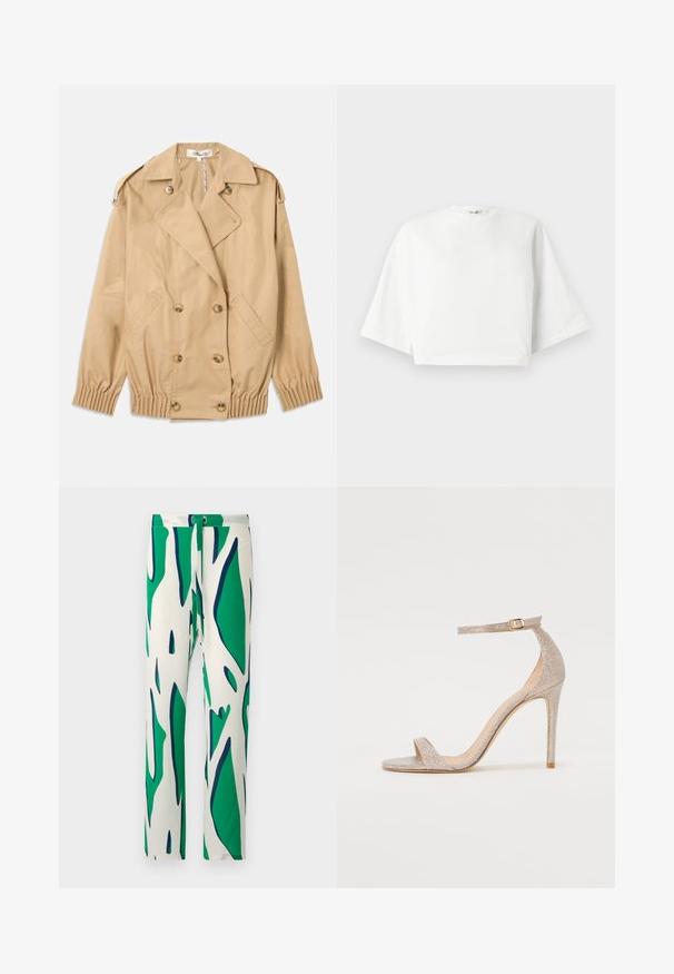 Bežový trenčkot s dvouřadým knoflíkovým zapínáním, ramenními epauletami a elastickými manžetami. Vyrobený z hladké, lehké tkaniny.; Bílý zkrácený tričko s uvolněným střihem, širokými krátkými rukávy, kulatým výstřihem a bočními rozparky, vyrobené z jemného bavlněného materiálu.; Bílé kalhoty s výrazným abstraktním vzorem v zelené a námořnické modré barvě. Navrženy s rovnými nohavicemi a zajištěny knoflíkovým zapínáním.; Sandálky na vysokém podpatku s páskami v metalické růžové zlaté barvě, s texturovaným svrškem, otevřenou špičkou a řemínkem kolem kotníku s detailním zlatým sponou.