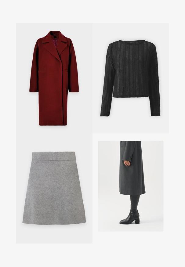Burgundska volnena plašča ima izrezan ovratnik, dolge rokave, dva sprednja žepa in sproščen kroj, predstavljajoč enotno barvo in gladko teksturo.; črn dolg rokav pulover iz pletenine z teksturiranim vzorcem, okroglo izrezom in skrajšanim krojem. Material se zdi lahek in zračen.; Siva pletena A-linijska krila z širokim pasom in gladko teksturo, prikazana na beli podlagi.; Siv prešita zimska plašča ravnega kroja; obuta z visokimi črnimi usnjenimi škornji, ki imajo kvadratni nos in debel pet.