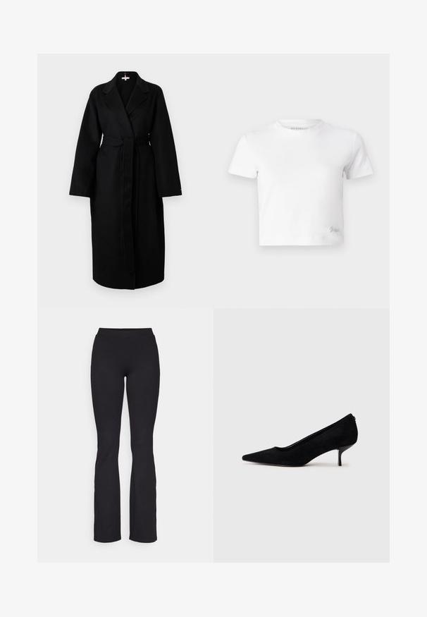 Lång svart kappa med wrap-design, bred klädd krage och ett självknutet bälte. Har långa ärmar och en rak, flödande silhuett.; Vit kortärmad t-shirt i mjuk bomull, med hög hals och korta ärmar. Litet broderat logotyp i det nedre hörnet.; Svarta ribbade utsvängda leggings med en åtsittande midja och texturerad tyg, med en slät midjeband och utsvängd fåll.; Svart mocka hög klackskor med spetsig tå och en smal, låg klack. Slät textur med en elegant design, utan synlig hårdvara.