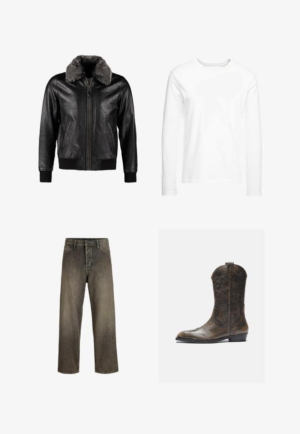 Schott Chaqueta de cuero - black; Camiseta blanca de manga larga hecha de algodón suave. Cuello redondo con dobladillos rectos y sin patrones ni gráficos visibles.; Jeans de pierna ancha en gris oscuro con acabado desgastado, diseño de cinco bolsillos, cierre de botones y trabillas para el cinturón. Fabricados con tejido de denim duradero.; Bota de cowboy de cuero marrón con un caña alta, puntera puntiaguda, patrones de costura intrincados y un tacón pequeño. Acabado texturizado en toda la bota.