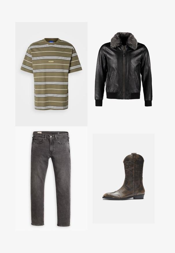 Schott Kožená bunda - black; Olivově zelené tričko s vodorovnými bílými a černými pruhy, kulatým výstřihem, volným střihem a zlatým logem "Hugo" uprostřed hrudníku.; Šedé džíny z denimu se rovnými nohavicemi, designem s pěti kapsami a knoflíkovým zapínáním. Obsahují jemné vyblednutí a tonální prošívání po celém povrchu.; Hnědé kožené kovbojské boty s vysokým sálem, špičatou špičkou, složitými vyšívanými vzory a malým podpatkem. Texturovaný povrch po celé délce.