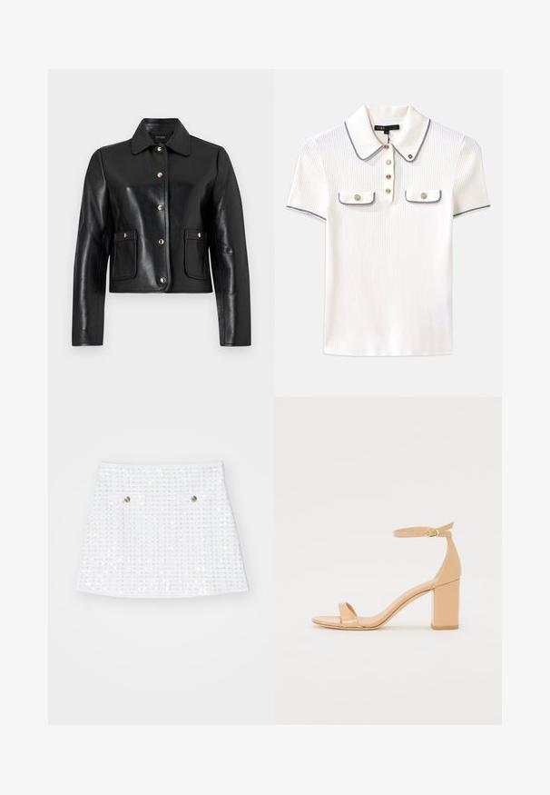 Juodas odinis švarkas su apykakle, auksiniais mygtukais ir dviem priekinėmis kišenėmis. Sklandi tekstūra ir sutrumpintas dizainas.; Baltas raištinis polo marškinėliai su apykakle, turintys tamsiai mėlyną apdailą, auksines sagas ir dvi mažas užlenkiamas kišenes priekyje.; Maje Mini sijonas - blanc cassé; Nuogi patentinio odos aukštakulniai sandalai su kvadratiniu noseliu, kulkšnies dirželiu ir masyviais blokiniais kulnais. Lygi tekstūra ir minimalūs dizaino elementai.