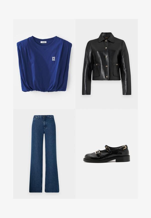 Chaqueta de cuero negra con cuello de solapa, cierre de botón dorado y dos bolsillos frontales. Textura suave y diseño recortado.; sandro Top - marine; Vaqueros de mezclilla azul de pierna acampanada con cintura alta, diseño de cinco bolsillos y cierre de botón metálico. Textura suave, estilo casual y costuras mínimas.; Zapatos de cuero negro con detalles de brogue, que presentan dos correas con hebillas, una puntera redondeada y un tacón bajo. Textura suave con un acabado brillante.