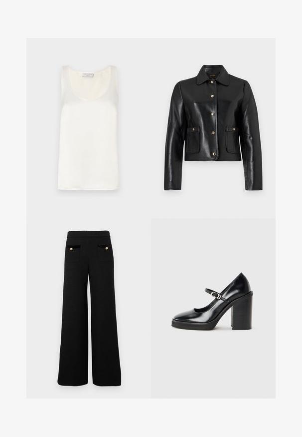 Crna kožna jakna s ovratnikom, zatvaranjem na zlatne gumbe i dva prednja džepa. Glatka tekstura i skraćeni dizajn.; Bijela satenasta majica bez rukava s okruglim izrezom i glatkom teksturom, s blagim sjajem i čistim rubovima.; Crne široke hlače od teksturiranog materijala, s dva prednja džepa i crnim baršunastim akcentima te zlatnim detaljima na gumbima.; Crne lakirane cipele s visokom petom, okruglog prsta, remenom oko gležnja, detaljem srebrne kopče i debelom blok petom.