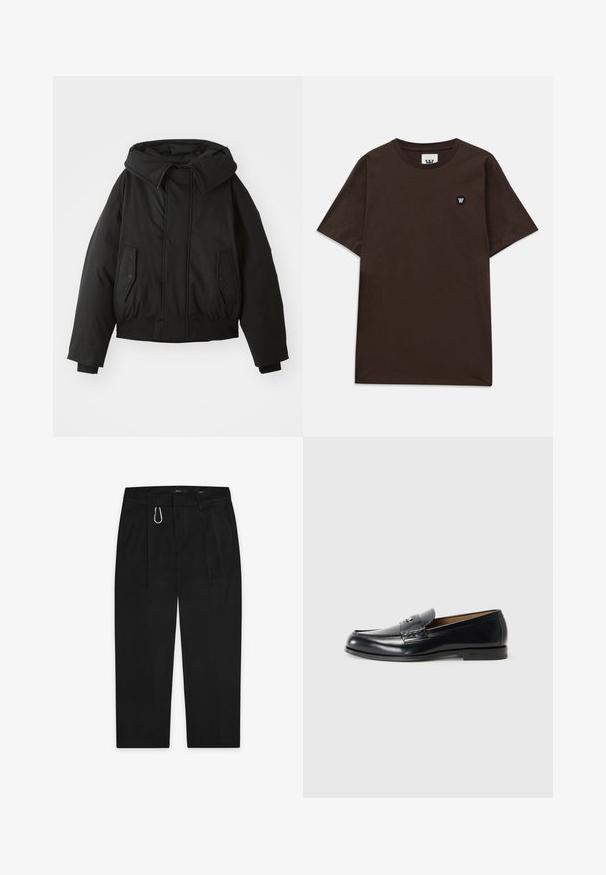 Schwarze gepolsterte Jacke mit hohem Kragen, Reißverschluss, doppelten Seitentaschen, elastischen Bündchen und cropped Saum. Glatte, matte Textur.; Dunkelbraunes T-Shirt mit kurzen Ärmeln, Rundhalsausschnitt und einem kleinen schwarz-weißen Logo-Patch auf der oberen linken Brustseite.; Schwarze Hose mit geradem Bein-Design, ausgestattet mit einem silbernen Karabinerclip und zwei Seitentaschen. Hergestellt aus glattem Stoff.; Schwarze Ledermokassins mit glatter Oberfläche, runder Zehenform, dekorativer Naht und einem kleinen Metallelement an der Vorderseite.