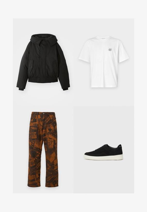 Juoda pūsta striukė su aukštu apykakle, užtrauktuko uždarymu, dviem šoninėmis kišenėmis, elastingais rankogaliais ir trumpu apačia. Lygus, matinės tekstūros.; Balta medvilninė marškinėlių, su trumpomis rankovėmis, apykaklė nei per aukšta, nei per žema, ir mažas pilkas logotipas kairėje krūtinės pusėje. Lygi tekstūra.; Rudos raštuoti džinsai su tamsiais raštais, platėjančiomis kojomis, standartiniu mygtuko ir užtrauktuko uždarymu bei penkių kišenių stiliumi.; Juodos veliūrinės sportinės bateliai su raištelių dizainu ir kontrastinga balta gumine padais. Yra tekstūruoti šoniniai skydeliai ir subtilus logotipas ant kulno.