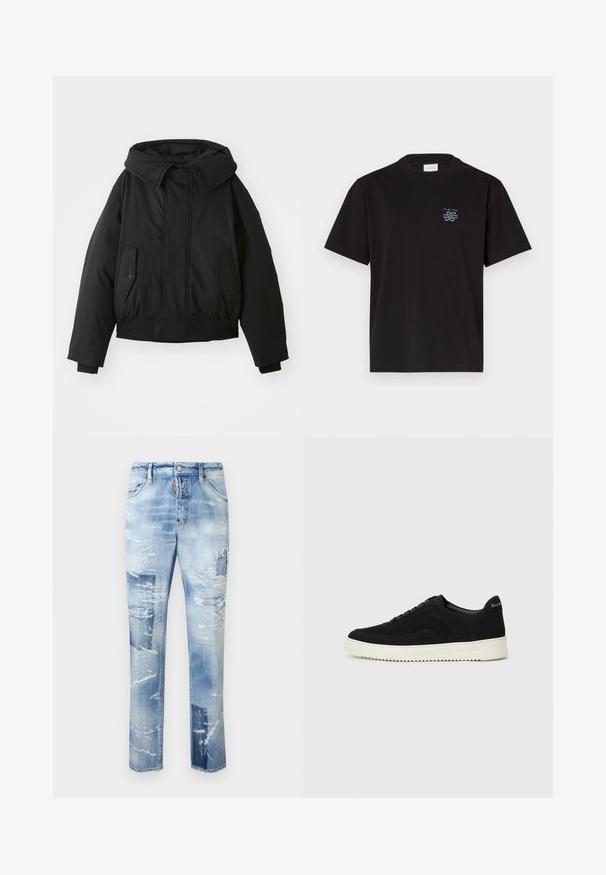 Mustaa toppatakki korkealla kauluksella, vetoketjukiinnitys, kaksinkertaiset sivutaskut, joustavat hihansuut ja lyhennetty helma. Sujuva, matteinen pinta.; Mustikka puuvillapaita, jossa on pyöreä kaula-aukko ja lyhyet hihat. Vasemmassa rinnassa pieni sininen logo. Yksinkertainen, suora leikkaus.; Vaaleansiniset kulutetut farkut, joissa on repeämiä, suora lahjesuunnittelu ja risat helmat. Varusteena metalliosat ja perinteinen viiden taskun malli.; Mustat mokkakengät nauhoilla ja kontrastivalkoisella kumipohjalla. Varustettu teksturoiduilla sivupaneeleilla ja huomaamattomalla brändäyksellä kantapäässä.