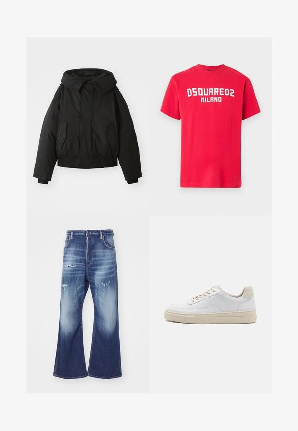 Black padded jacket with a high collar, zip closure, double side pockets, elastic cuffs, and a cropped hem. Smooth, matte texture.; Red cotton T-shirt with short sleeves and a crew neck. Features bold white text "DSQUARED2 MILANO" across the front. Smooth texture.; DSQUARED2 ICON EROS - Relaxed fit jeans - navy blue; White sneaker featuring a smooth leather upper, beige laces, and a textured beige suede heel tab. Elevated sole for added height.