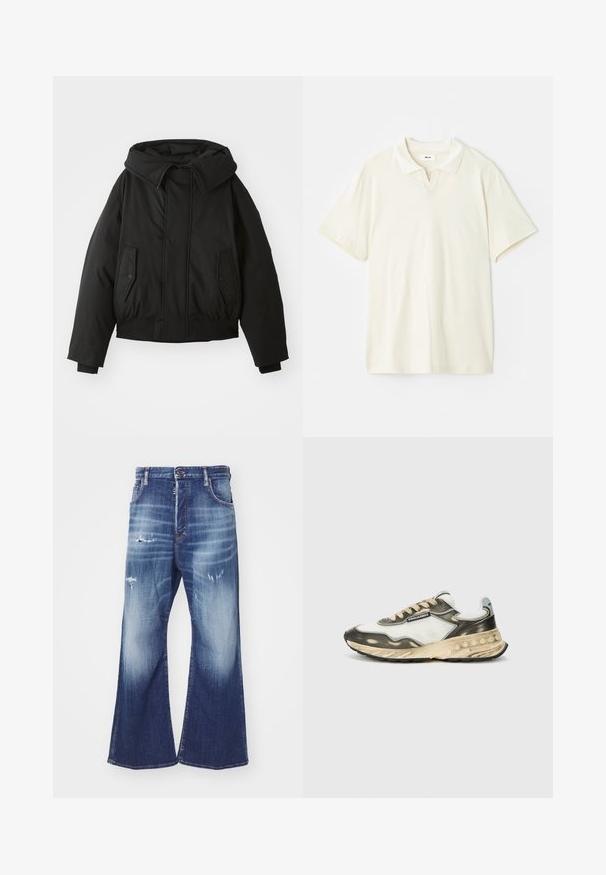 Črna podložena jakna z visokim ovratnikom, zadrgo, dvema stranskima žepoma, elastičnimi manšeti in skrajšanim robom. Gladka, mat tekstura.; Kremna polo majica s klasičnim ovratnikom, kratkimi rokavi in rahlim v-izrezom na vratu. Gladka tekstura in minimalen dizajn.; DSQUARED2 ICON EROS - Široke kavbojke - navy blue; Atletski copat z zgornjim delom iz bele mrežice in sivega usnja, bež vezalkami, črnim gumijastim podplatom ter plastičnim dizajnom z teksturiranimi detajli.