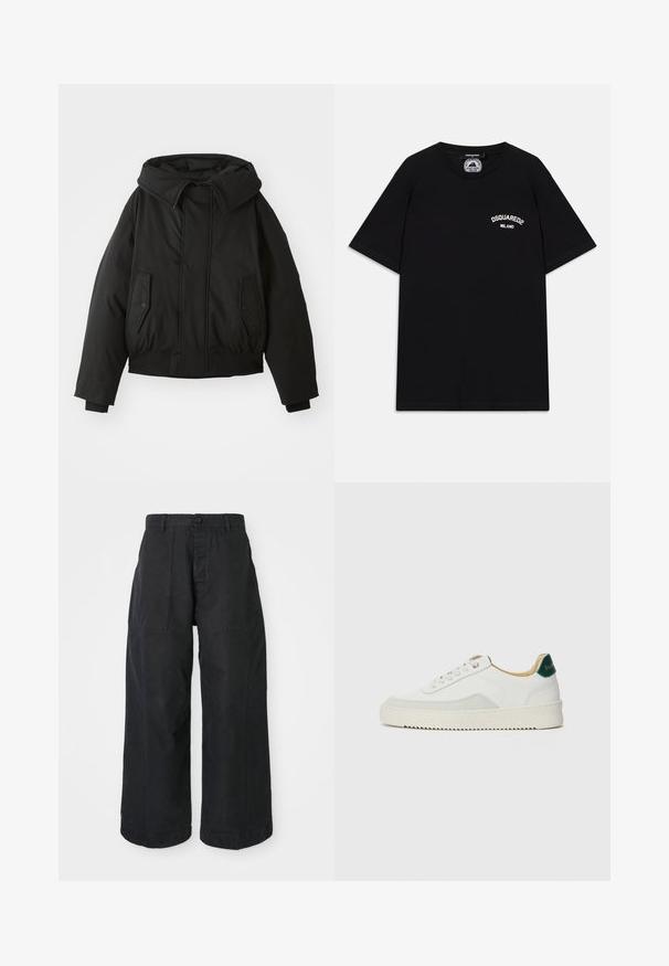 Zwarte gewatteerde jas met een hoge kraag, ritssluiting, dubbele zijzakken, elastische manchetten en een cropped zoom. Gladde, matte textuur.; Zwarte katoenen T-shirt met korte mouwen, met een wit "DSQUARED2 MILANO" logo op de borst. Crew neck ontwerp, gladde textuur.; Zwarte wijde broek van canvasmateriaal met een knoopsluiting, voorzien van twee voorzakken en een ontspannen pasvorm.; Witte sneaker met suède accenten, ronde neus, platte veters en een crème rubberen zool. Bevat groene branding op de hiel.