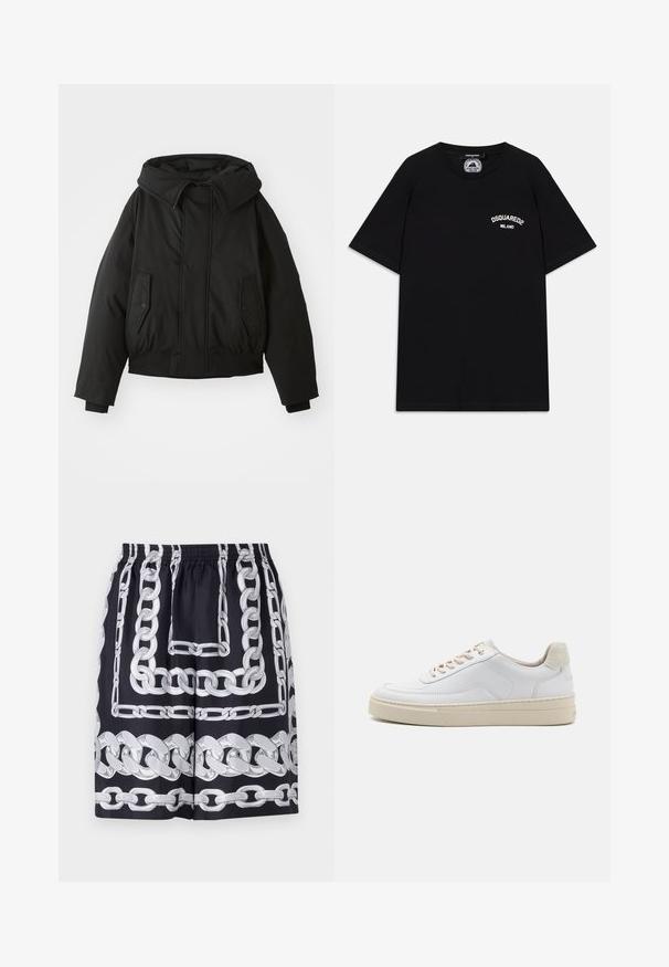 Schwarze gepolsterte Jacke mit hohem Kragen, Reißverschluss, doppelten Seitentaschen, elastischen Bündchen und cropped Saum. Glatte, matte Textur.; Schwarz Baumwoll-T-Shirt mit kurzen Ärmeln, mit weißem "DSQUARED2 MILANO" Logo auf der Brust. Rundhalsausschnitt, glatte Textur.; Schwarze Shorts mit großen silbernen Kettenmustern, einem elastischen Bund und lockerer Passform, aus einem glatten Stoff gefertigt.; Weiße Sneaker mit einem glatten Lederobermaterial, beigen Schnürsenkeln und einer strukturierten, beigen Wildleder-Fersenschlaufe. Erhöhte Sohle für zusätzlichen Komfort.