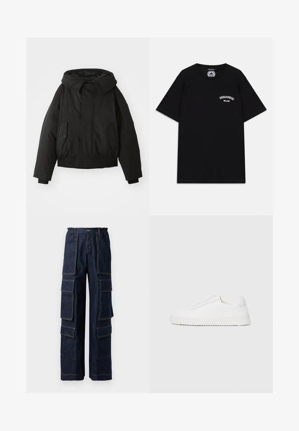 Schwarze gepolsterte Jacke mit hohem Kragen, Reißverschluss, doppelten Seitentaschen, elastischen Bündchen und cropped Saum. Glatte, matte Textur.; Schwarz Baumwoll-T-Shirt mit kurzen Ärmeln, mit weißem "DSQUARED2 MILANO" Logo auf der Brust. Rundhalsausschnitt, glatte Textur.; Marineblaue Cargohosen aus Denim mit mehreren großen Taschen, elastischem Bund und kontrastierenden orangen Nähten. Weit geschnitten für eine entspannte Passform.; Weißer Sneaker mit einem Obermaterial aus glattem Leder, abgerundetem Zehenbereich, Schnürsenkeln, strukturierten seitlichen Akzenten und einer dicken Gummisohle. Minimalistisches Design.