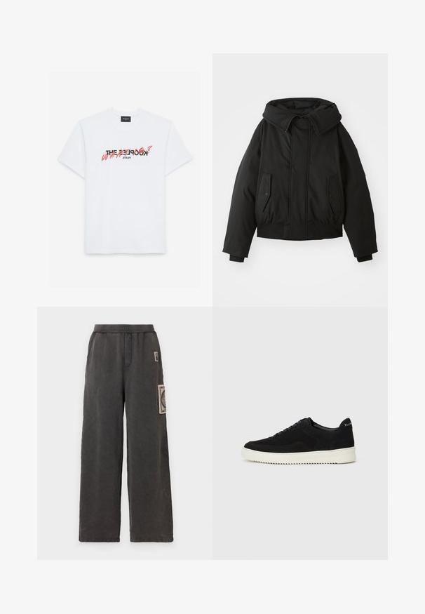 Black padded jacket with a high collar, zip closure, double side pockets, elastic cuffs, and a cropped hem. Smooth, matte texture.; White cotton t-shirt with short sleeves featuring a black and coral graphic print. Text reads: "THE KOOPLES? WHAT?" and "PARIS."; Wide-leg trousers in dark gray fabric, featuring a decorative patch on the front pocket and an elastic waistband for comfort.; Black suede sneaker with lace-up design and contrasting white rubber sole. Features textured side panels and subtle branding on the heel.