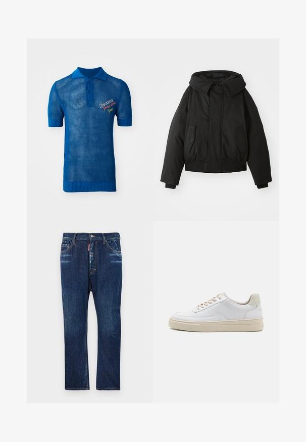 Casaco acolchoado preto com gola alta, fecho de zip, bolsos laterais duplos, punhos elásticos e bainha curta. Textura suave e fosca.; Polo azul tricotado com um design em malha, apresentando mangas curtas, um colarinho estruturado e um logótipo colorido bordado na frente.; Jeans de denim azul escuro com um corte reto, apresentando um desbotamento leve, costura amarela, bolsos frontais e fecho com botão.; Sapatilha branca com um cabedal em couro liso, atacadores bege e um painel traseiro em camurça texturizada bege. Sola elevada para acrescentar altura.