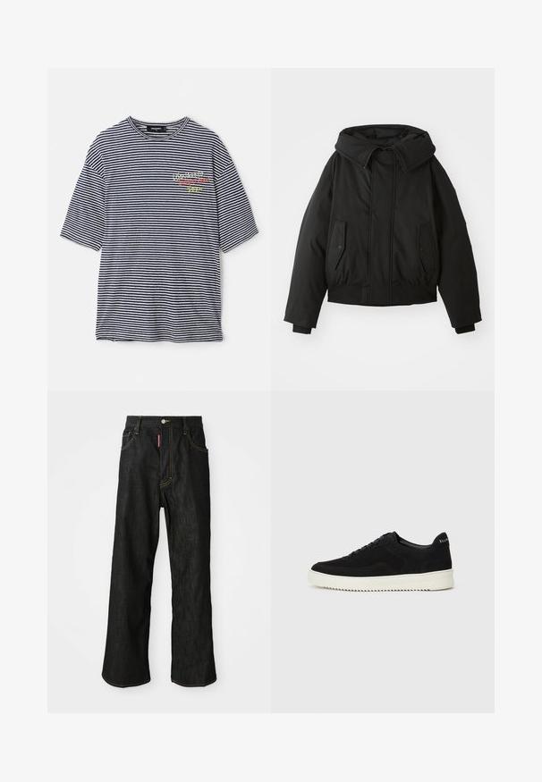 Mustaa toppatakki korkealla kauluksella, vetoketjukiinnitys, kaksinkertaiset sivutaskut, joustavat hihansuut ja lyhennetty helma. Sujuva, matteinen pinta.; Raidallinen t-paita, jossa on vaakasuorat tummansiniset ja valkoiset raidat, lyhyet hihat, pyöreä pääntie ja monivärinen brodeerattu teksti rinnassa.; Mustat suorat farkut, joissa on keltaista ommeltua, viiden taskun muotoilu, napituskiinnitys ja pieni punainen etiketti etuosan oikeassa taskussa.; Mustat mokkakengät nauhoilla ja kontrastivalkoisella kumipohjalla. Varustettu teksturoiduilla sivupaneeleilla ja huomaamattomalla brändäyksellä kantapäässä.