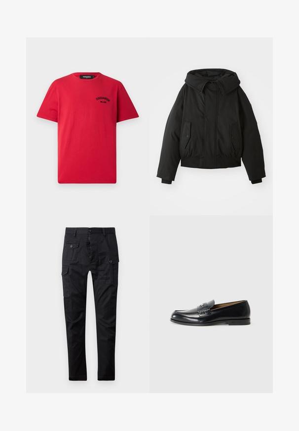 Casaco acolchoado preto com gola alta, fecho de zip, bolsos laterais duplos, punhos elásticos e bainha curta. Textura suave e fosca.; T-shirt de algodão vermelho com mangas curtas, gola redonda e um logótipo preto bordado no lado esquerdo do peito. Design simples e sólido.; Calças cargo pretas feitas de tecido durável, com múltiplos bolsos, fecho de botão e um design de perna reta. Textura suave e acabamento mate.; Mocassins de couro pretos com um acabamento liso, bico arredondado, costura decorativa e um pequeno detalhe metálico na parte da frente.
