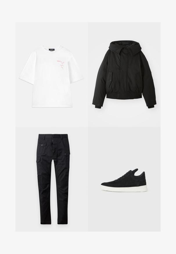 Zwarte gewatteerde jas met een hoge kraag, ritssluiting, dubbele zijzakken, elastische manchetten en een cropped zoom. Gladde, matte textuur.; Dsquared2 LOOSE FIT TEE - T-shirt print - white; Zwarte cargobroek van duurzaam materiaal, met meerdere zakken, een knoopsluiting en een rechte pasvorm. Soepele textuur en matte afwerking.; Zwarte suède sneakers met een witte rubberen zool, voorzien van tonale stiksels en een vetersluiting. Glad oppervlak met een moderne, gestroomlijnde vorm.