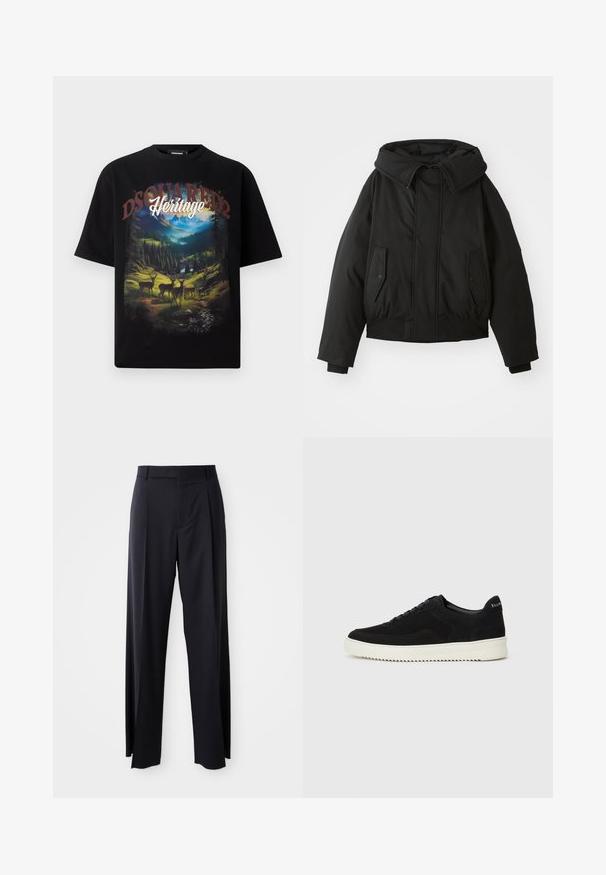 Casaco acolchoado preto com gola alta, fecho de zip, bolsos laterais duplos, punhos elásticos e bainha curta. Textura suave e fosca.; T-shirt preta de manga curta com um gráfico colorido de paisagem com veados, montanhas e as palavras "DSQUARED2 Heritage" em letras grandes.; Calças pretas de cintura alta, com corte amplo, feitas de um tecido suave. Apresentam pregas frontais e passadores para cinto. Design minimalista, sem hardware visível.; Sapatilhas de camurça pretas com design de atacadores e sola de borracha branca em contraste. Apresenta painéis laterais texturizados e uma marcação discreta no calcanhar.