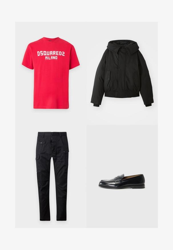 Svart vadderad jacka med hög krage, dragkedjeöppning, dubbla sidfickor, elastiska ärmslut och en kortad nederkant. Slät, matt textur.; Röd bomullst-shirt med korta ärmar och rund hals. Har fetvit text "DSQUARED2 MILANO" över framsidan. Mjuk textur.; Svarta cargobyxor tillverkade av slitstarkt tyg, med flera fickor, knappgylf och rak bendesign. Slät textur och matt finish.; Svarta läderloafers med en slät yta, rund tå, dekorativ sömnad och en liten metalldetalj framtill.