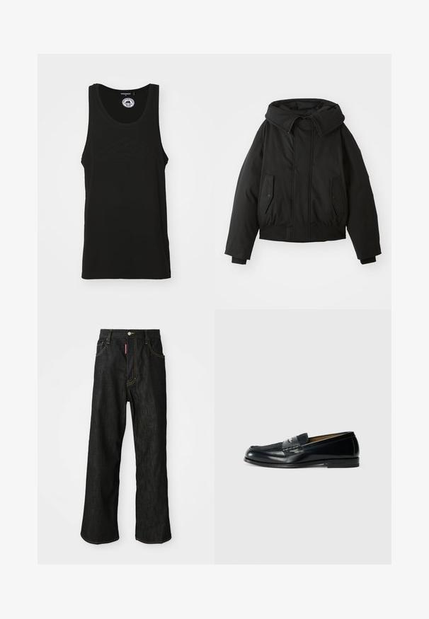 Juoda pūsta striukė su aukštu apykakle, užtrauktuko uždarymu, dviem šoninėmis kišenėmis, elastingais rankogaliais ir trumpu apačia. Lygus, matinės tekstūros.; Juodas be rankovių marškinėliai, pagaminti iš medvilnės, su apvaliu iškirpimu ir įspaustu logotipo detalė ant priekio. Švarus, minimalistiškas dizainas.; Juodos tiesios kojos džinsai su geltonu siūleliu, penkių kišenių dizainas, mygtuko užsegimas ir mažas raudonas ženkliukas priekinėje dešinėje kišenėje.; Juodas odinis loaferis su tekstūruotu paviršiumi, pintu akcentu ir lygiu apdaila. Žemas kulnas ir minimalistinis dizainas.