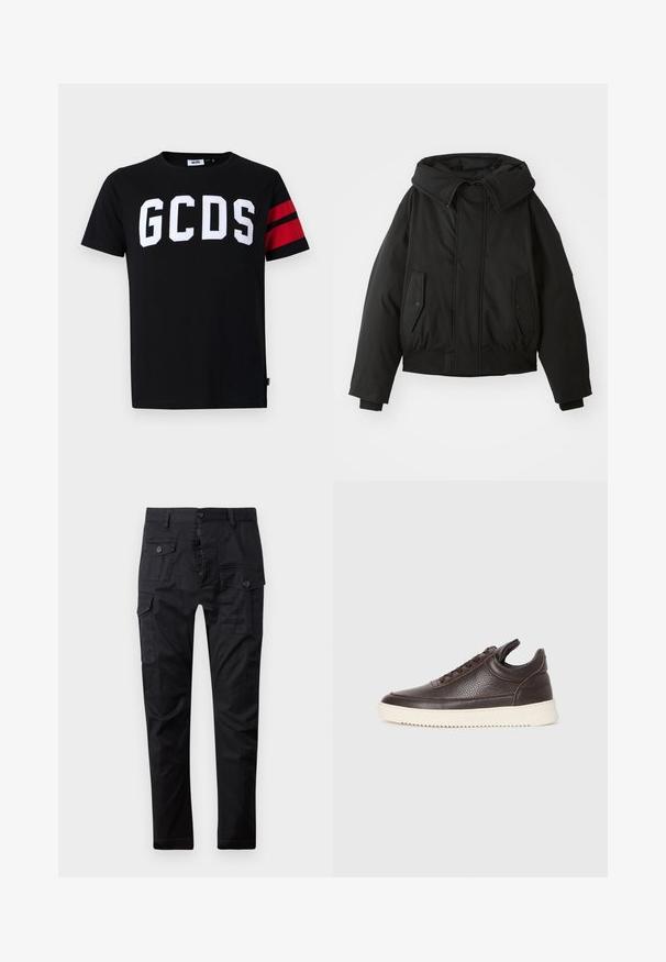 Casaco acolchoado preto com gola alta, fecho de zip, bolsos laterais duplos, punhos elásticos e bainha curta. Textura suave e fosca.; T-shirt de algodão preto com grande logótipo branco "GCDS", detalhes em vermelho nas mangas, design de gola redonda e corte padrão.; Calças cargo pretas feitas de tecido durável, com múltiplos bolsos, fecho de botão e um design de perna reta. Textura suave e acabamento mate.; Sapatilha de couro texturado castanho escuro com atacadores à frente e sola de borracha branca estriada sobre um fundo claro.
