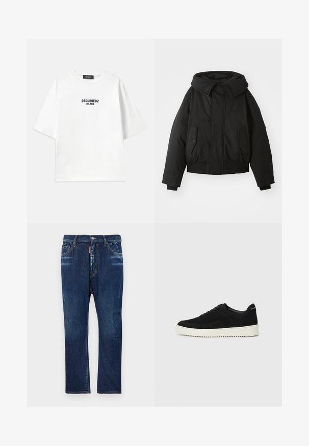 Μαύρο παστωμένο μπουφάν με ψηλό γιακά, κλείσιμο με φερμουάρ, διπλές πλαϊνές τσέπες, ελαστικές μανσέτες και κοντό στρίφωμα. Λείο, ματ υλικό.; Dsquared2 LOOSE FIT TEE - Μπλουζάκι με στάμπα - white/dark navy; Σκούρο μπλε τζιν παντελόνι με ίσια γραμμή, που διαθέτει ελαφριά φθορά, κίτρινες ραφές, μπροστινές τσέπες και κουμπί κλεισίματος.; Μαύρο σουέτ αθλητικό παπούτσι με σχέδιο κορδονιών και λευκή λαστιχένια σόλα σε αντίθεση. Διαθέτει υφαντές πλαϊνές πάνελ και διακριτική σήμανση στην φτέρνα.